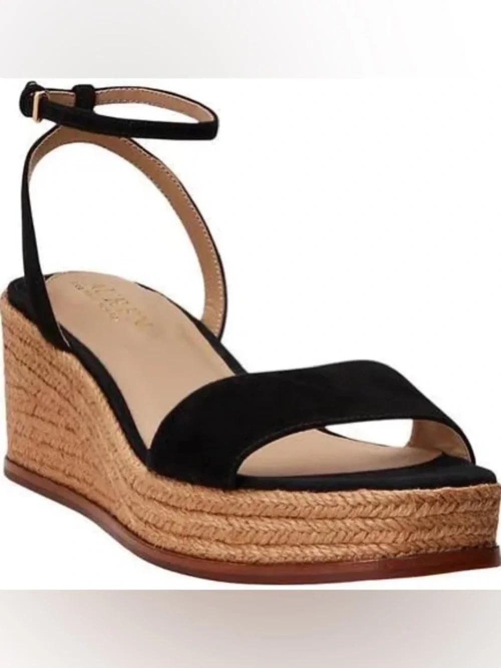Ralph Lauren Black Suede Espadrille Wedge Sandals with Ankle Strap